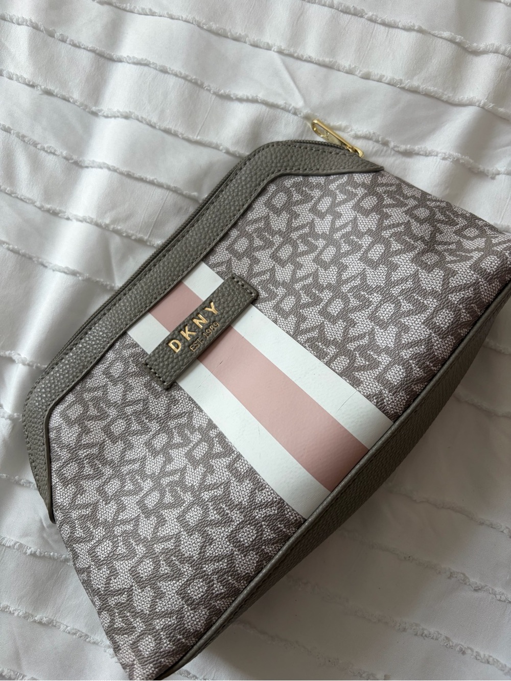 DKNY Taupe Cosmetic Pouch with Pink & White Stripe